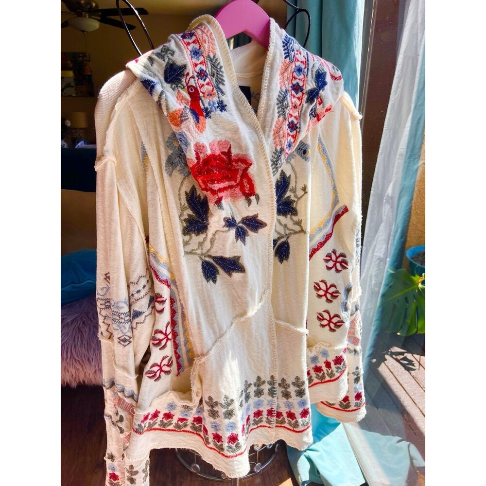 Johnny Was Cream Embroidered Hooded Cotton Jacket Size Large Absolutely Stunning
